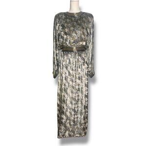 Vintage 70s Adele Simpson Metallic Houndstooth Velour Beaded Evening Gown Dress